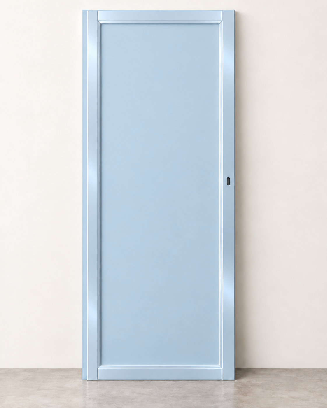 Pale blue aluminium door with polished frame